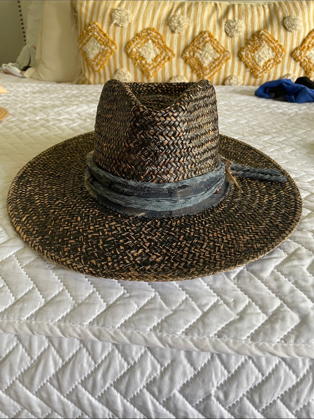 Free People Braided Straw Fedora in Black-Brown with Gray Band
